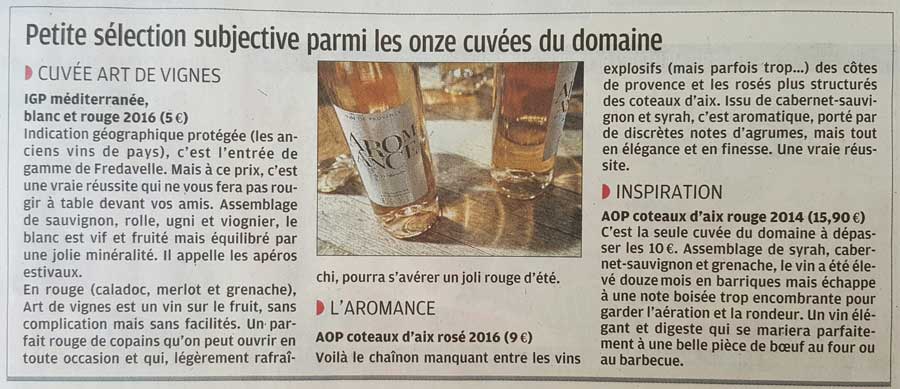 article presse journal region la provence aix selection vins eguilles fredavelle art de vignes aromance inspiration aop igp